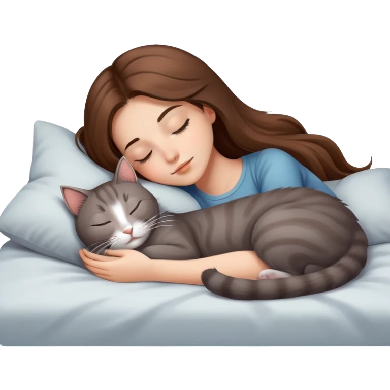 Generate a picture of a beautiful girl with long hair sleeping with a cat emoji