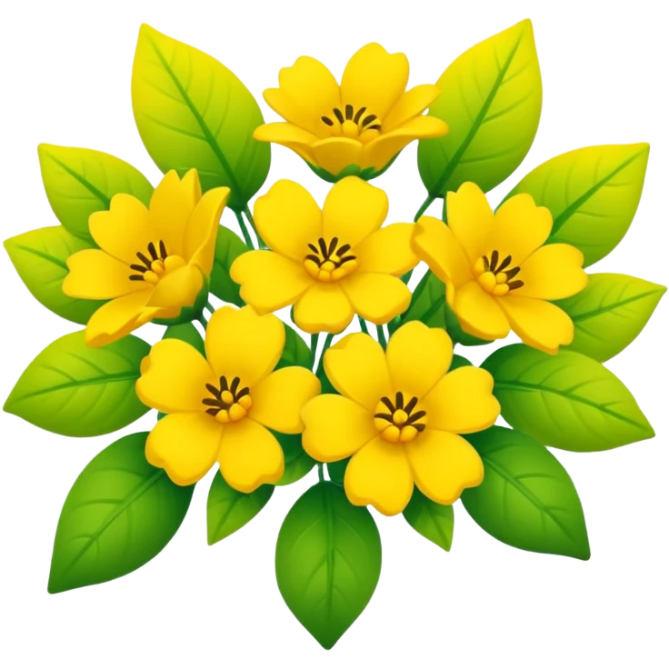 Generate a high-quality image of a bouquet of flowers dominated by yellow blooms, with a mix of green leaves, realistic colors and shading, smooth gradient colors, no human figures, no facial features, no brand markings, simple white background, high-resolution.
 emoji