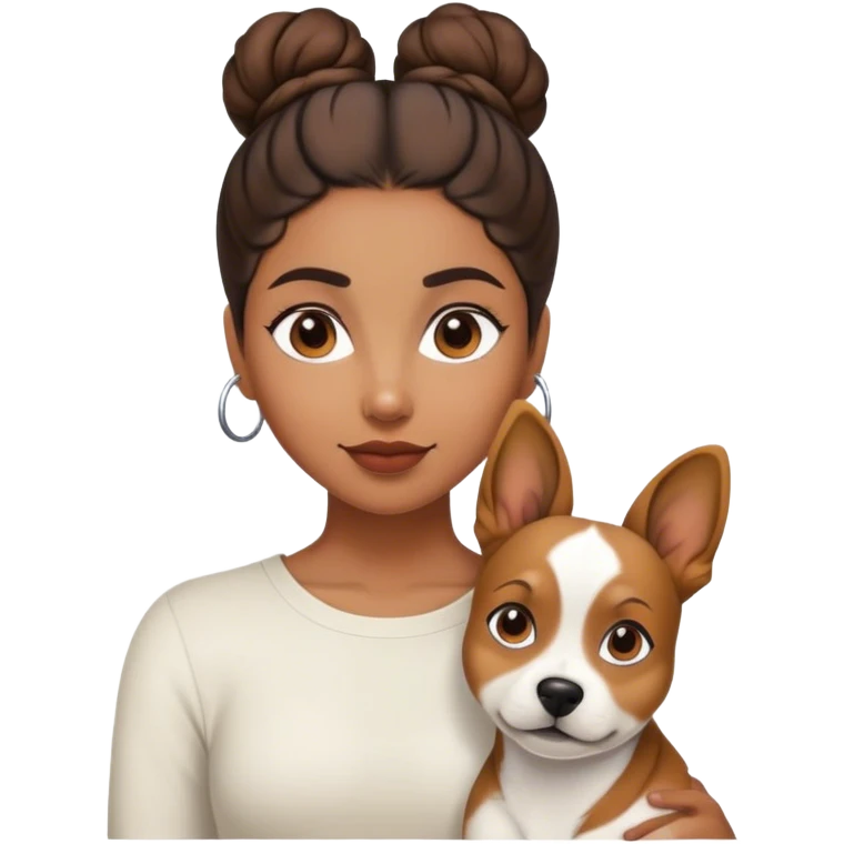 sort, 30 year old, brown girl, back Bun hairstyle, with a white brown dog emoji