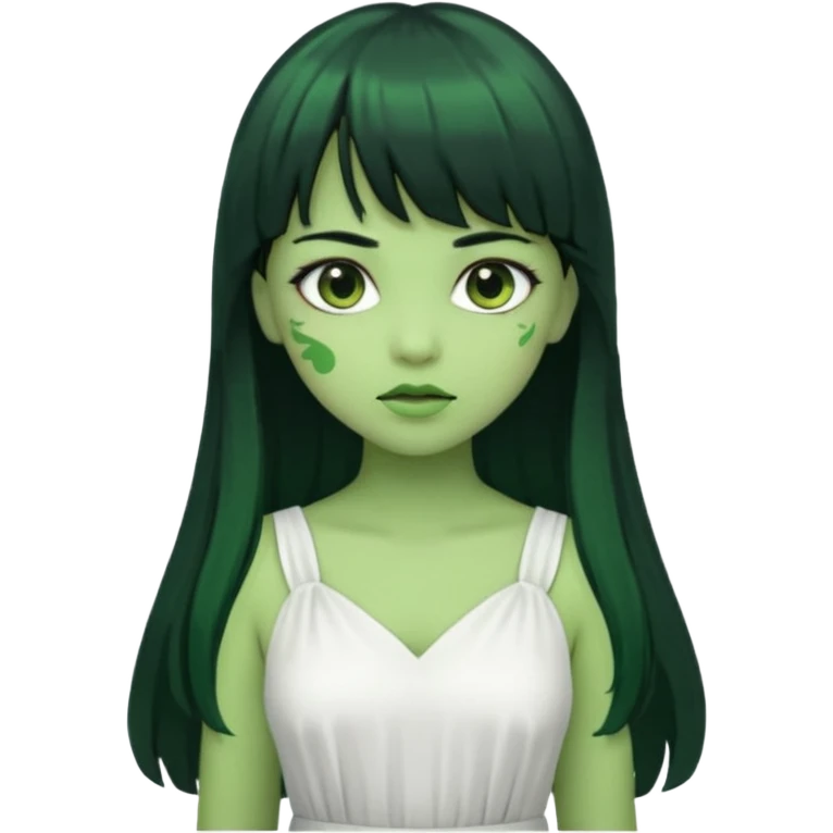 uma garota zumbi da pele verde com cabelo preto longo com franja e a roupa branca emoji