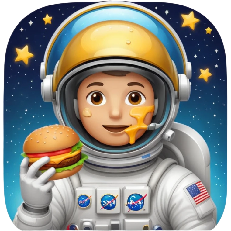 Astronaut floating in space, eating a juicy burger with cheese dripping, wearing a shiny helmet with a reflective visor, stars and Earth in the background, cartoonish style, vibrant colors, simple and fun emoji design. emoji