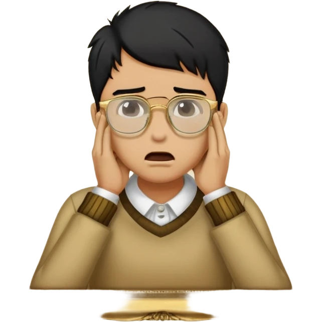 Make an apple choking emoji of a tan gender neutral person with black hair and gold frame glasses with their hand on their neck choking themselves  emoji