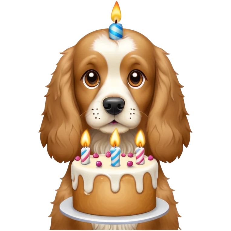 Cocker spaniel holding a birthday cake emoji