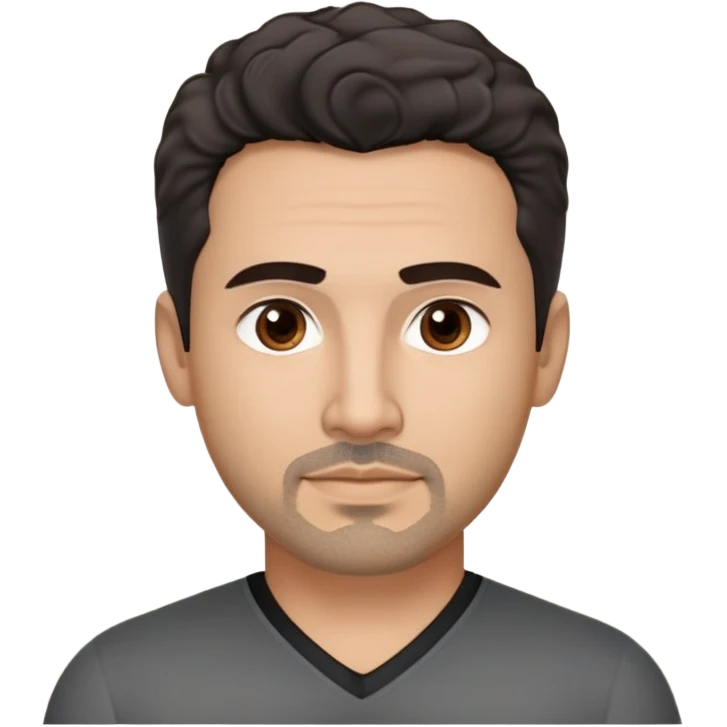 Hispanic man in his 40s with light tan skin. Square face with defined jawline. Warm dark brown eyes with calm gaze. Neutral friendly expression. Thick natural eyebrows. Black goatee with subtle gray hairs. Short curly dark hair with slight receding hairline. Wearing a black V-neck shirt. emoji