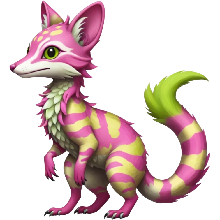 Feral Rare Fantasy   vivid tropical mango-lime-pink splash-patterned silky fur Vernid-Sergal-Genet-Trico-species by LiLaiRa, random markings, tufted tail, tufted ears, full body emoji