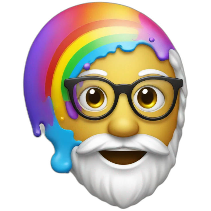 a rainbow with a human face with glasses, a smile and some paint on a artist palette emoji