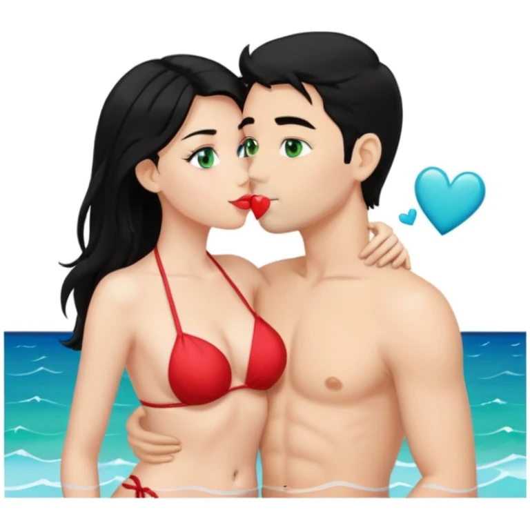 Blonde Queen Green eyes Bikini whole body Kissing man black Hair blue eyes Hearts in Body Background sea emoji