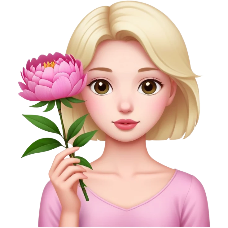 Upper body photo of a beautiful girl holding a peony flower emoji