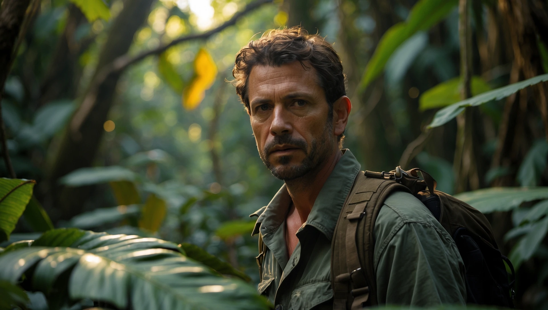 cinematic still, documentary photography, amazon jungle, well lit scene, man is exploring the jungle, close up, front shot, rule of thirds emoji