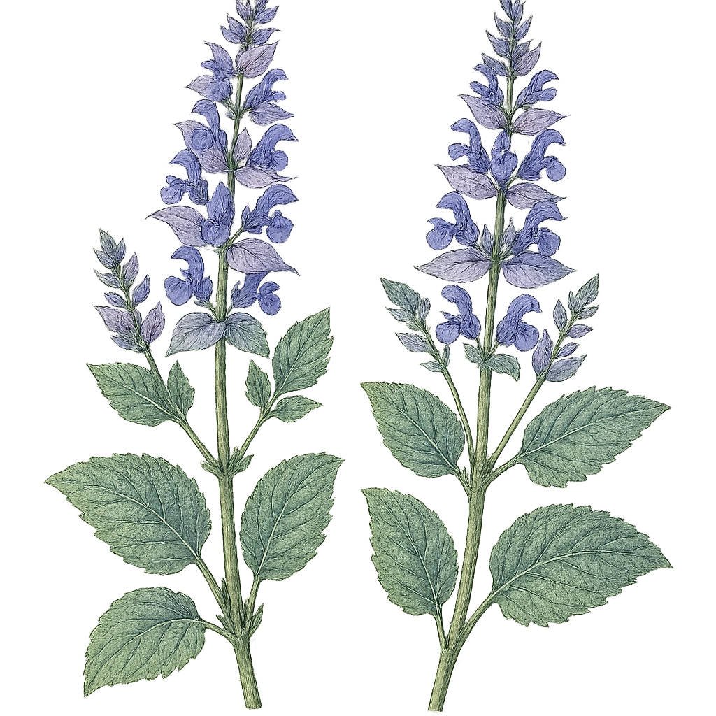 two blue-purple clary sage stems, no pot, detailed, isolated, botanical style emoji
