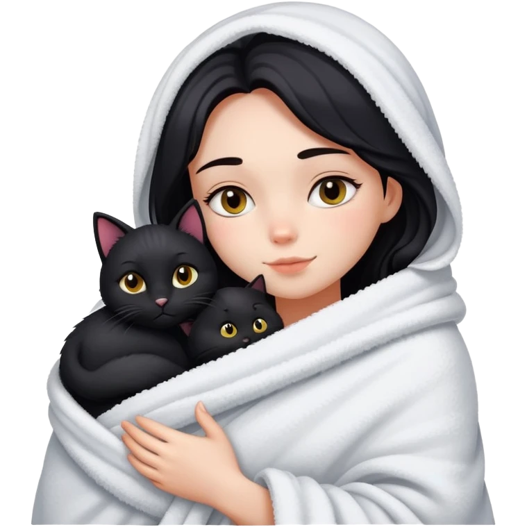Beautiful girl with fair skin - just after taking a bath - wrapped in a blanket and hugging a black cat emoji
