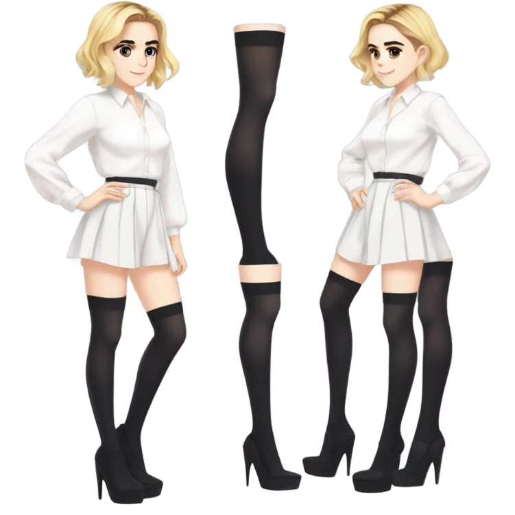 Anime version of Kiernan Shipka in 20denier black thigh highs and Strappy  platform high heel sandals with white blouse  emoji