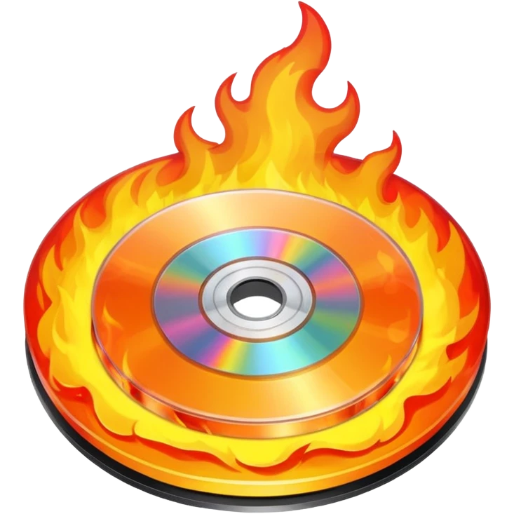 A CD disc with a fiery design emoji