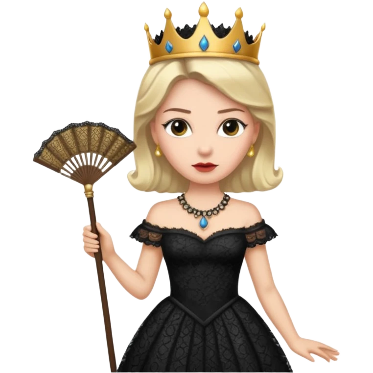 A stern queen with dark lace dress, holding a fan and observing with authority.
 emoji