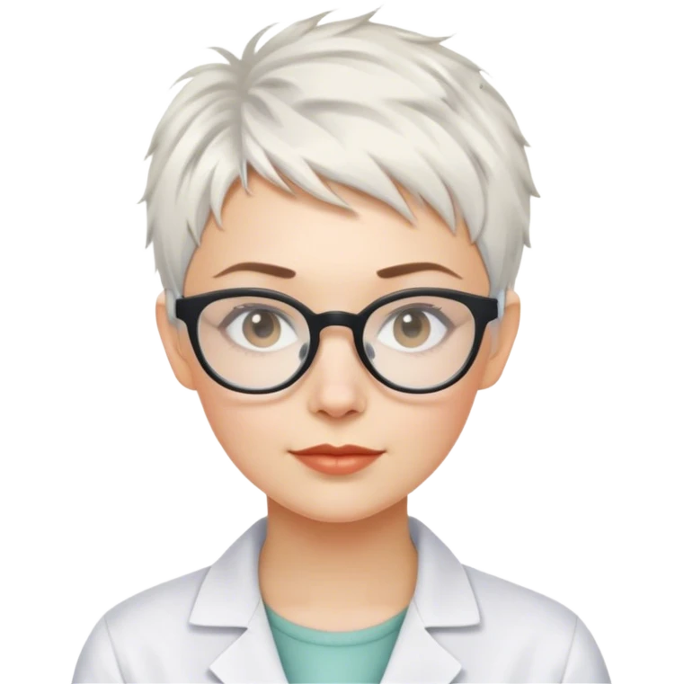 White woman with short pixie messy white hair scientist glasses emoji