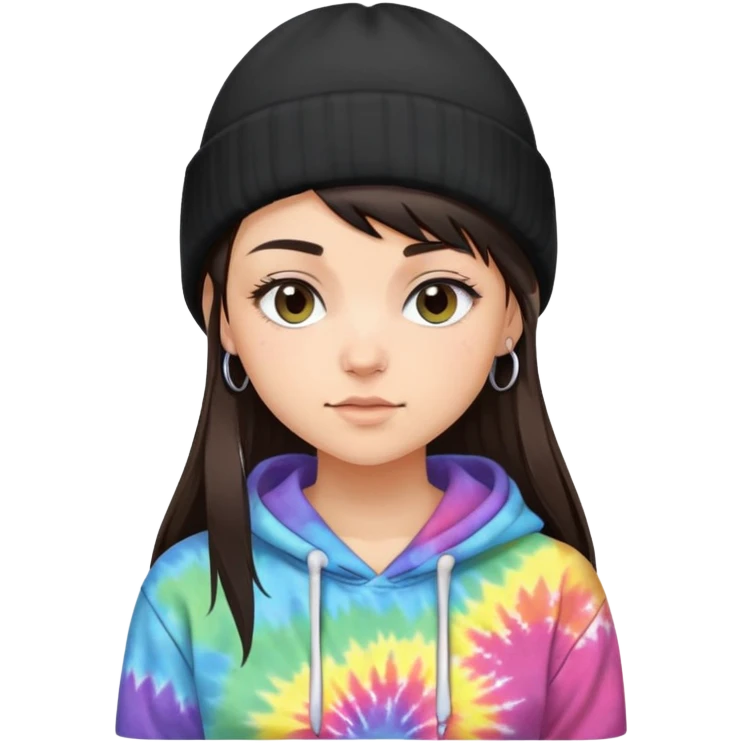shaved side haired brunette girl with a black beanie on and a tiedye hoodie. i want her to have a side bang sticking out of her beanie emoji