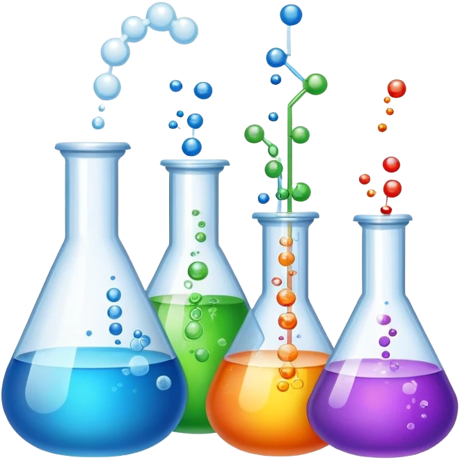 An icon featuring laboratory flasks with tubes, symbolizing chemistry. The design includes liquid and powder substances, a chemical reaction with bubbles, and molecular formulas, representing chemical processes like hydrolysis. Transparent background emoji