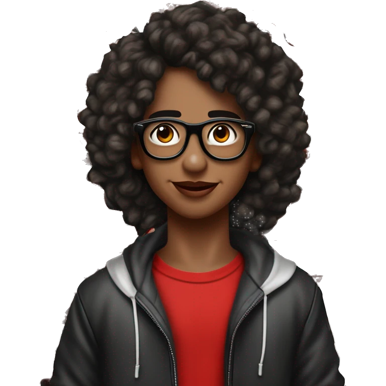 Un joven con gafas de marco negro, cabello oscuro y rizado, Lleva puesto un abrigo oscuro con detalles en blanco y rojo, una camiseta negra con estampados en rojo y blanco. Su expresión es relajada y feliz emoji