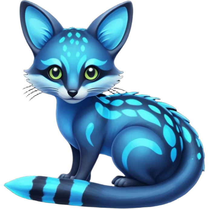 Exotic futuristic black blue dark galagctical bioluminescent translucent transparent lush warm-colored neon-glowing iridescent Fakémon-Fionbri-Vernid-Genet-creature emoji
