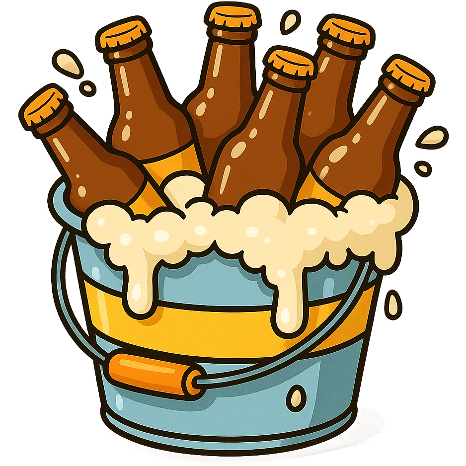 a cartoon-style bucket overflowing with beer bottles, bright and cheerful emoji