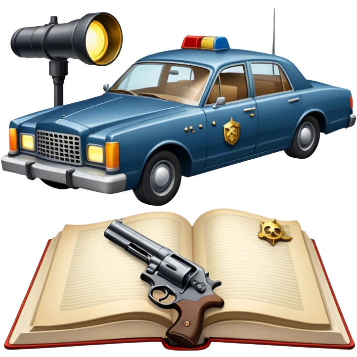 Icon for Action & Crime Reading: an open book with dramatic crime scenes—bullet holes on pages, a detective badge, a revolver and a getaway car. Surrounding elements include a flickering streetlight. Transparent background. emoji