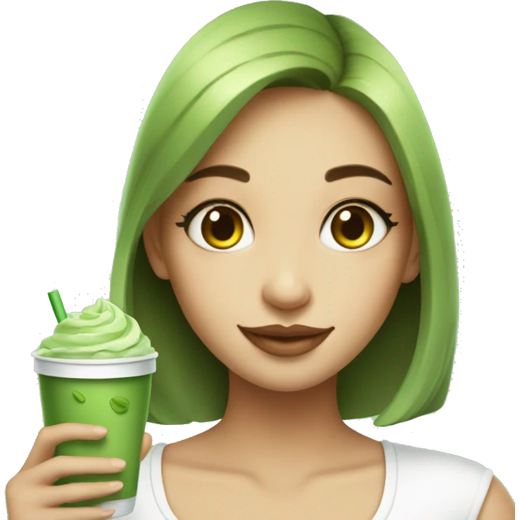 Beautiful girl holding cup of iced matcha  emoji