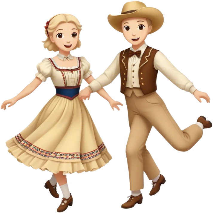 Cinematic Realistic scene of two square dancers in traditional American folk costumes, captured in joyful, coordinated motion with vibrant, rustic lighting that highlights their cultural heritage emoji
