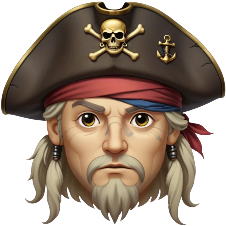 Clash of Clans aesthetic friendly Pirate Portrait Emoji, With a rugged yet stylized build featuring a weathered tricorn hat, a bold eye patch, and a determined, adventurous gaze, his face rendered in a natural skin tone (not yellow), Simplified yet sharply defined features, highly detailed, glowing with a cool, briny radiance, high shine, intelligent and daring, stylized with an air of swashbuckling nautical authority, focused and resolute, soft glowing outline, capturing the essence of a confident pirate ready to set sail on epic adventures! emoji