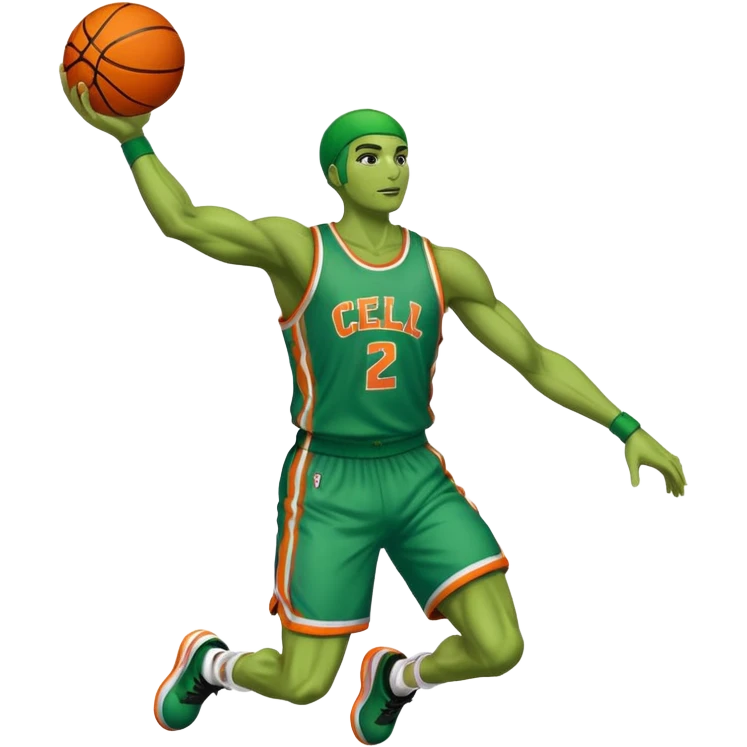 Cell from the anime-dragonball dunking a basketball with a jersey name cell emoji