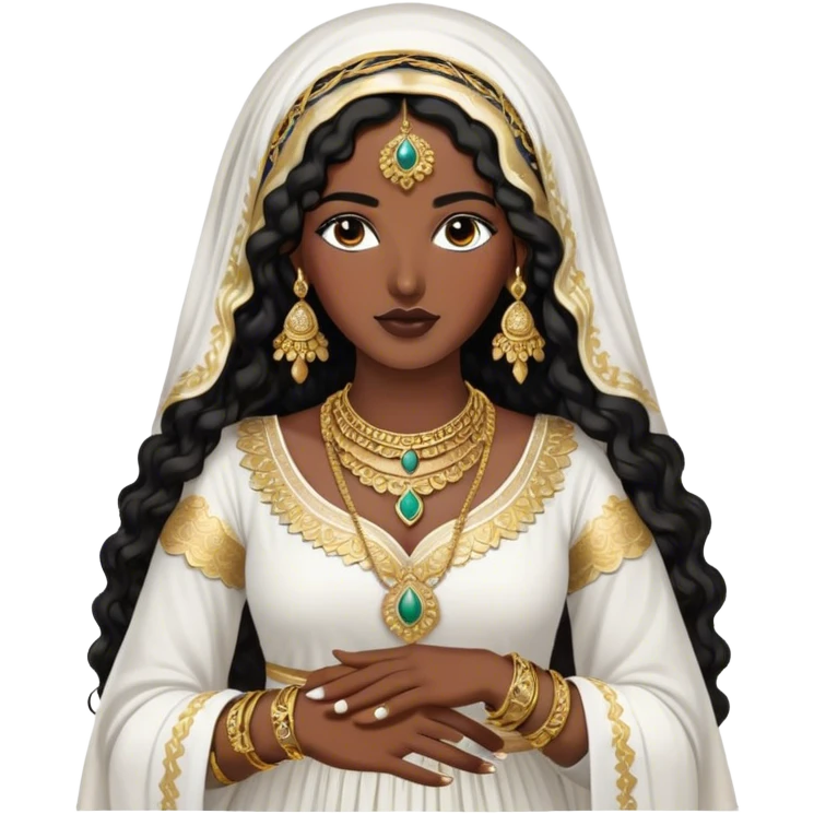 The Palestinian woman, she had long curly black hair and well defined eyebrows wears a white traditional dress. Her accessories steal the spotlight—intricately designed gold bangles, statement rings, and layered necklaces—each piece exuding heritage and craftsmanship.  emoji