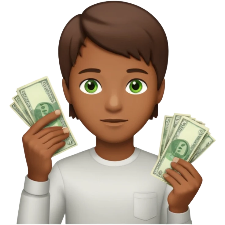 green eyes. handsome. young man. brown skin. brown hair. straight hair. short hair. white race. Holding money with his left hand emoji