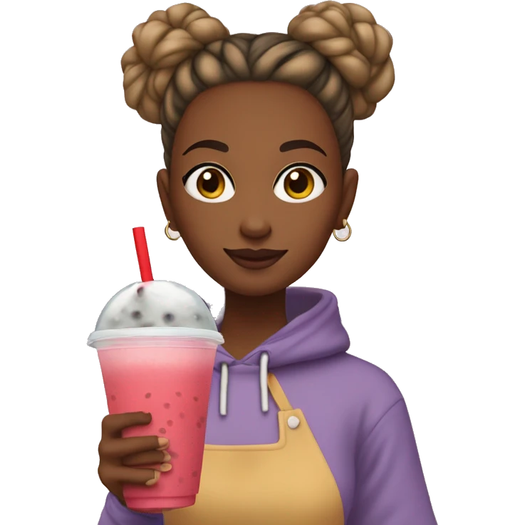 girl with her hair in a bun, wearing a red sweatshirt and holding bubble tea emoji