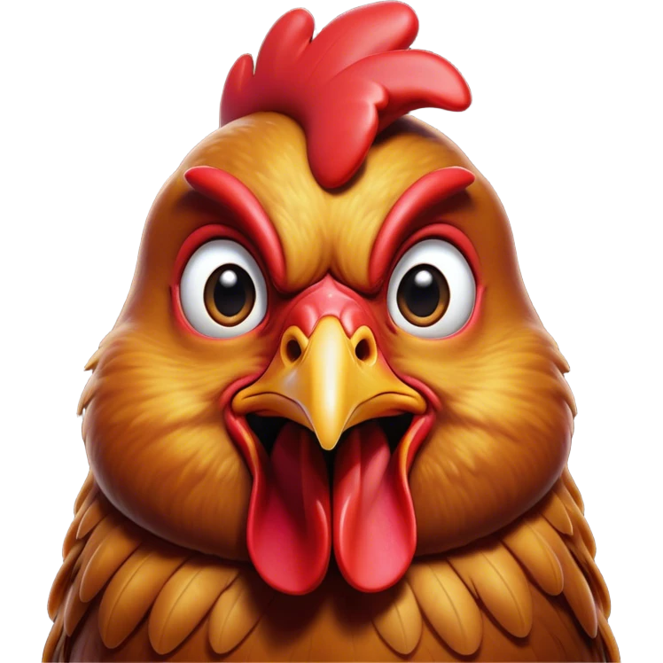 Cinematic Comical Brown Chicken Portrait Emoji, Head tilted dramatically with an exaggeratedly amused expression, featuring a striking, glossy brown plumage with a vibrant red comb, wide, expressive beady eyes filled with playful disbelief, Simplified yet hilariously expressive features, highly detailed, glowing with a slightly sassy glow, high shine, dramatic yet playful, stylized with an air of cheeky mischief, bright and endearing, soft glowing outline, capturing the essence of a spirited and over-the-top chicken, so meme-worthy it feels like it could cluck its way into internet fame instantly! emoji