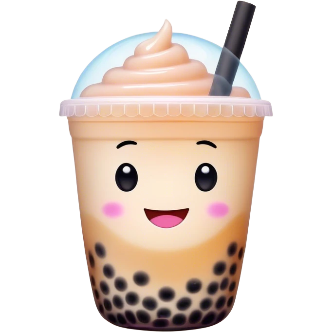 Cinematic pastel-colored bubble tea, chubby cup with a smiling face, tiny black tapioca pearls peeking out, soft glowing background, playful and adorable. emoji