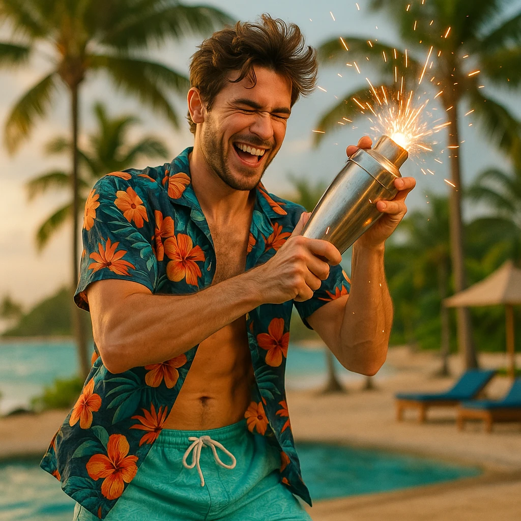 human male Unbuttoned Hawaiian shirt, swim trunks, shaking a cocktail shaker (sparks flying) emoji