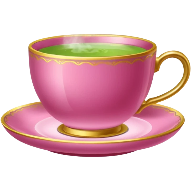 dark pink teacup filled with green tea, placed on a matching pink saucer, with gentle steam rising from the cup, golden details emoji