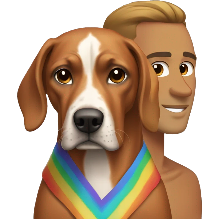 white male with long rainbow colored hair standing alongside a brown rhodesian ridgeback emoji