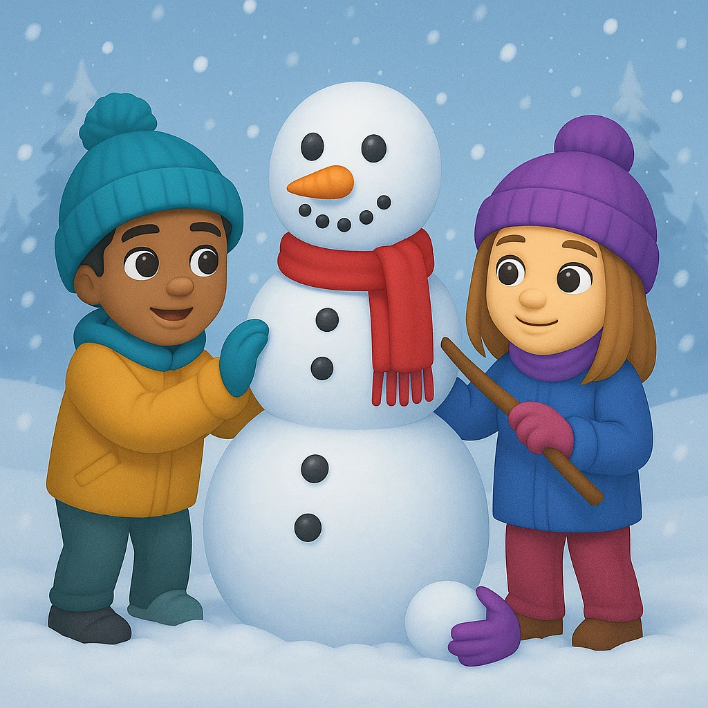 Show two different kids (different hair and clothing colors) building a snowman in a snowy background, keep the emoji style emoji