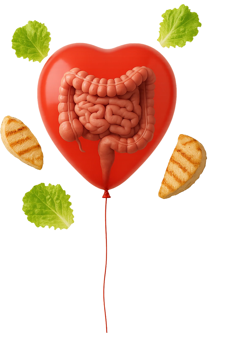 intestino anatomico realistico chiuso in un palloncino rosso e foglie di insalata e petto di pollo grigliato che fluttuano intorno emoji