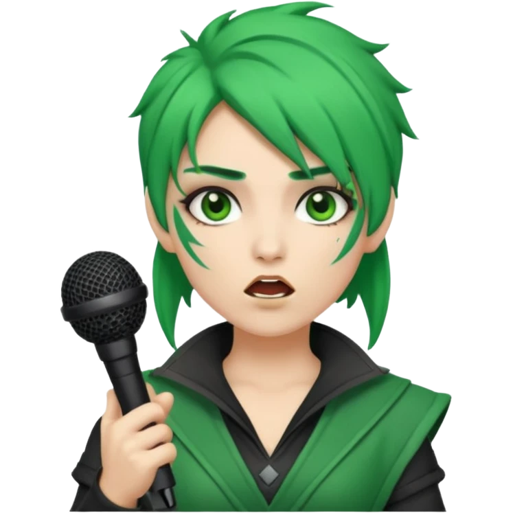 green haired, warrior makeup, holding microphone, singing emoji
