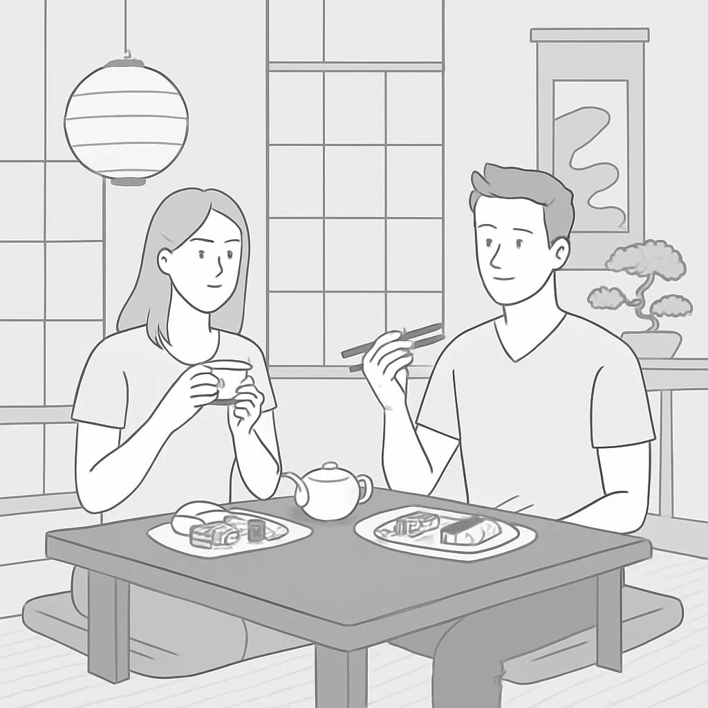 Young couple having a romantic dinner date in a modern Japanese cafe. The woman is holding a teacup while the man is using chopsticks. The cafe features shoji screens, tatami seating area, and traditional Japanese decorative elements. emoji