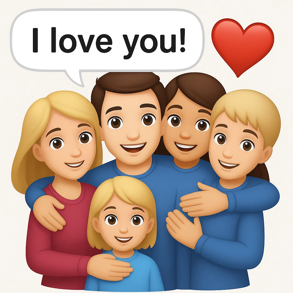 Add a speech bubble with the greeting 'I love you!' to the image, keeping the emoji style cheerful and expressive emoji