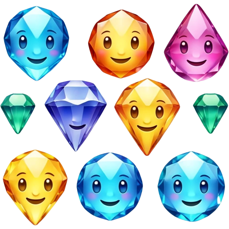 team of sparkling gems, each with smiling face and distinct color, arranged in a friendly group emoji
