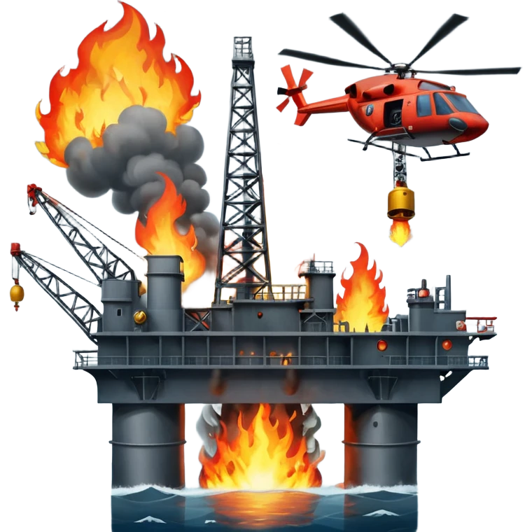 Oil rig in the sea exploding and a helicopter above emoji