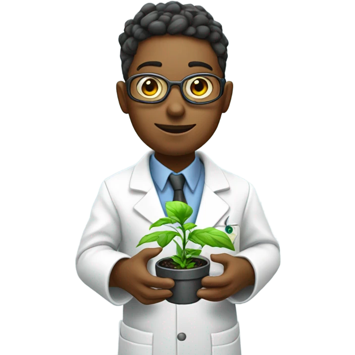 cyborg scientist wearing a lab coat and holding a small plant emoji
