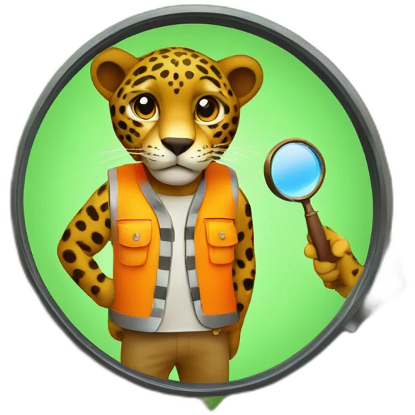 a jaguar in a high visibility orange vest viewed from behind, inspecting a brown tree with a magnifying glass emoji