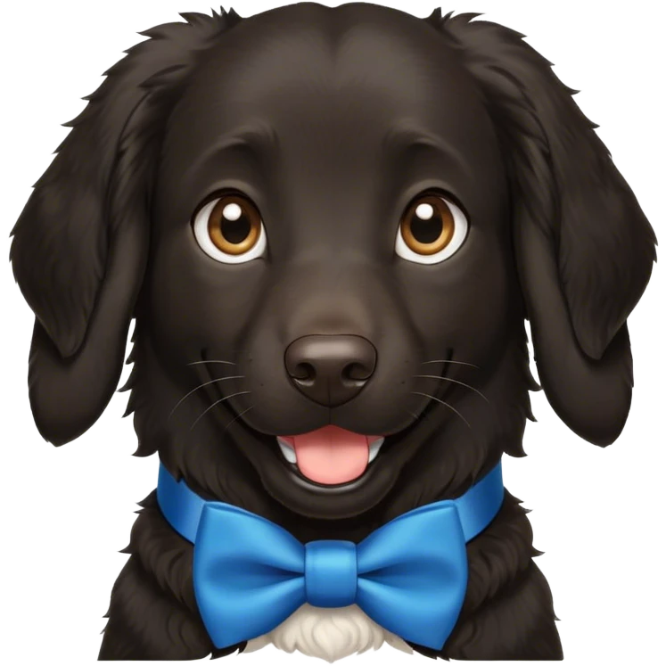 Black, flat-coated retriever, smooth fur with curly  fluffy ears, smiling face, blue bow tie collar, brown eyes emoji