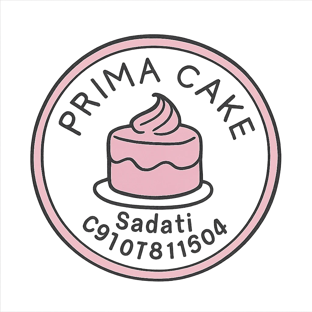 A circular logo for Prima Cake bakery with a pink cake at the center, featuring the text Prima Cake in English and the contact info Sadati 09107811504 below it. The logo should have a pink circular border and a white background, designed to be printable for cake decoration. The style should be elegant and suitable for a bakery emoji