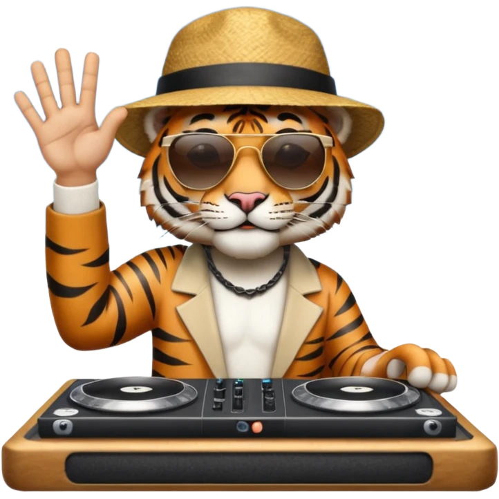 Un tigre con sombrero estilo cubano, una mesa de dj y gafas de sol. Una mano en la mesa de dj y la otra mano señalando al cielo a Dios. La otra mano encima de la mesa de dj por favor  emoji