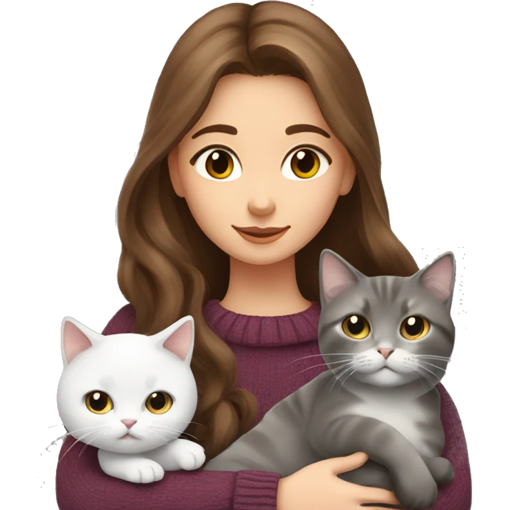 Girl with long brown hair in sweater hugging a british grey and white fold cat emoji